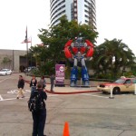 Optimus Prime stands guard near the entrance to the convention center. As far as I know, he didn't blow up any innocent cars, thinking they were Decepticons.