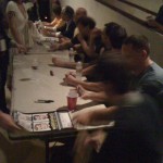Bunch of folks doing autographs this time: Marian Call, Len Peralta, Jamy Ian Swiss, Phil Plait (the Bad Astronomer), Paul, Storm, Wil Wheaton, Aaron Douglas, and Matt Fraction (who later did get a table).