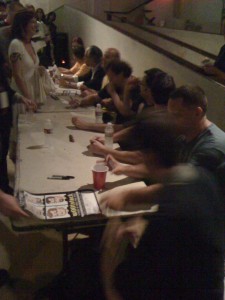 IMG_1713 Bunch of folks doing autographs this time: Marian Call, Len Peralta, Jamy Ian Swiss, Phil Plait (the Bad Astronomer), Paul, Storm, Wil Wheaton, Aaron Douglas, and Matt Fraction (who later did get a table).