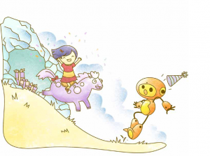 A happy friend races toward an startled Robot on her pony
